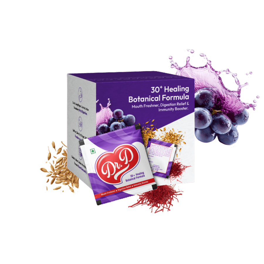 Dr.D box with sachet, grapes, cumin, and saffron